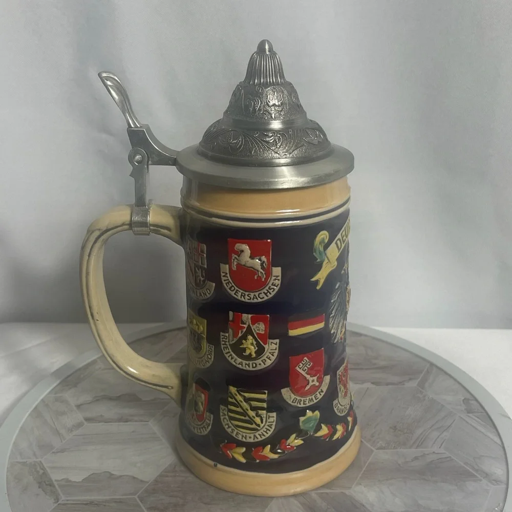 Vintage German Beer Stein Deutschland Crests Pewter Lid Ceramic Mug Collectible
